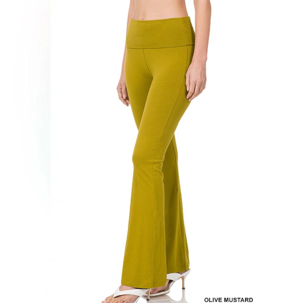 ZENANA PLUS PREMIUM COTTON FOLD OVER YOGA FLARE PANTS OLIVE MUSTARD S-M-L…